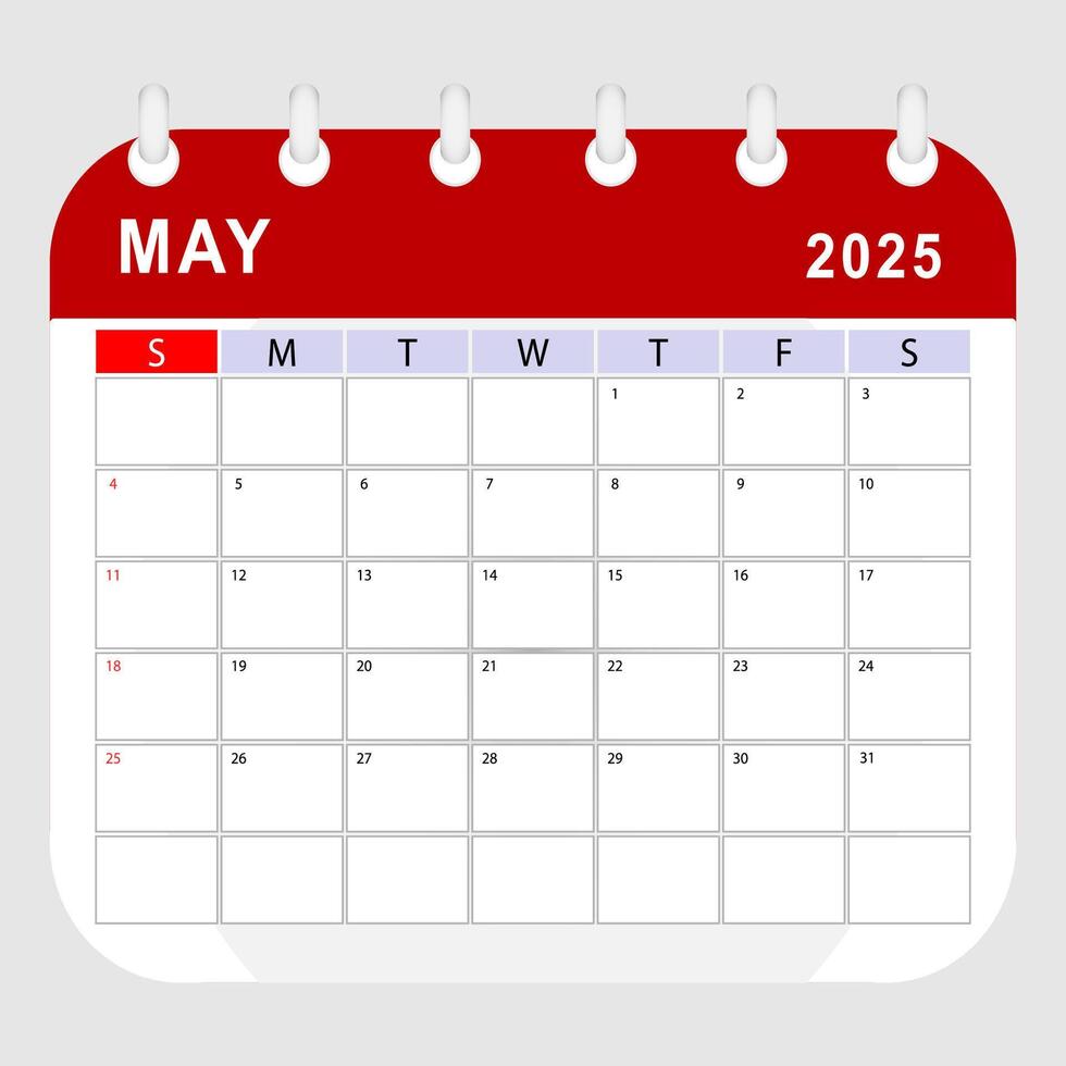 May 2025 calendar. Monthly planner template. Sunday start. vector