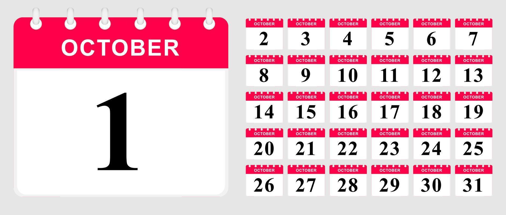 Days calendar of October. Calendar template. vector