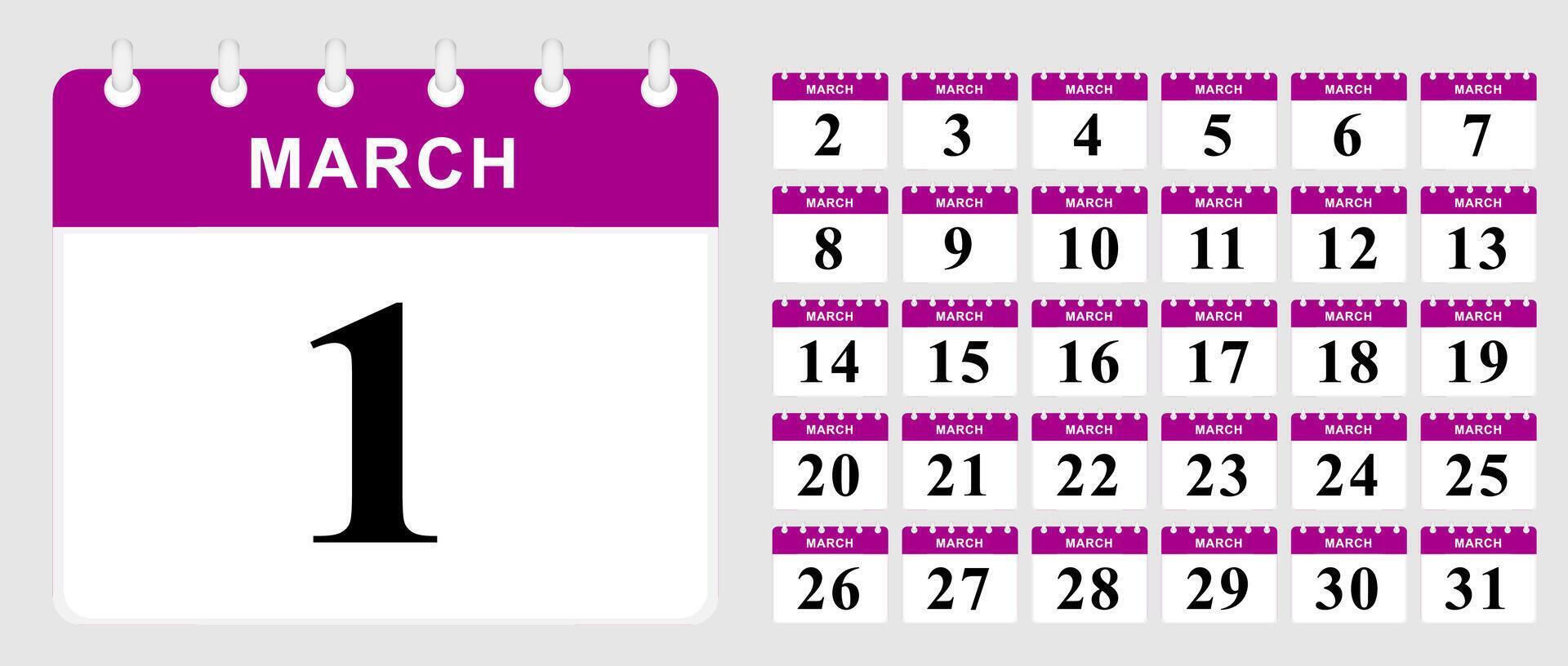 Days calendar of March. Calendar template. vector