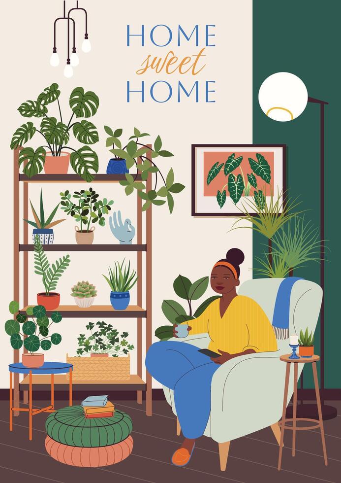 Housewarming party invitation or greeting card. New home celebration, postcard design with cozy interior scene and potted plants. Home sweet home. Flat banner illustration. New place to live in vector