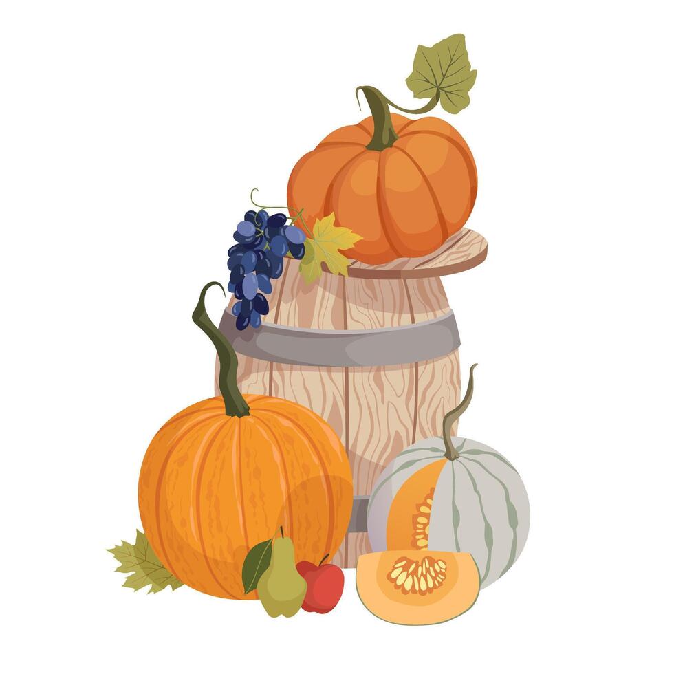 Pumpkin autumn harvest with grapes on the wooden barrel arrangement for postcard, banner, poster, sticker, festival. Fall pumpkin composition design. Fall garden crop illustration. vector