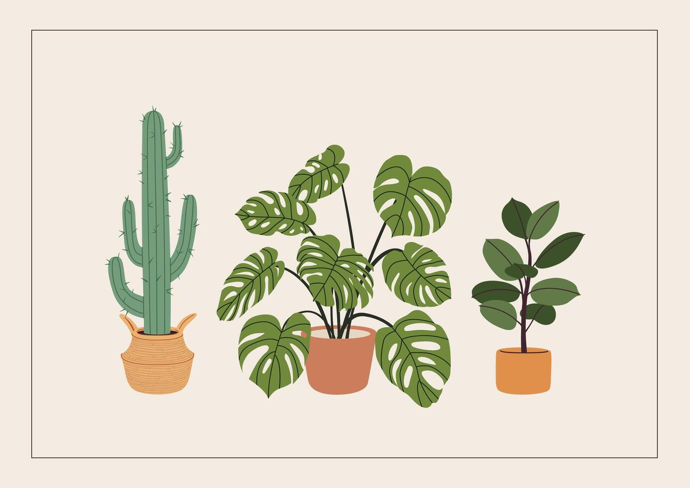 Potted plants on a new home greeting card, print, or poster. Housewarming party invitation with potted flowers. New place to live in postcard with house plants in flowerpots. Flat illustration. vector