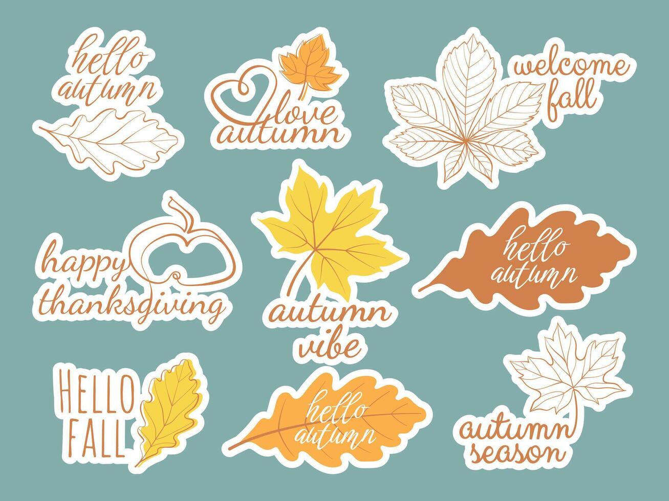 Hello autumn lettering sticker pack. Outline and flat illustrations of autumn elements with fall season slogans and welcome phrase for stickers, card, label, web, sales, Thanksgiving Day decor vector