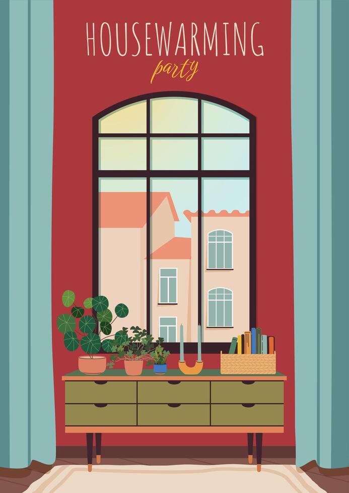 Housewarming party invitation or greeting card. New home celebration, colorful postcard design with mid-century modern style interior scene. Flat illustration banner. Happy new place to live in vector