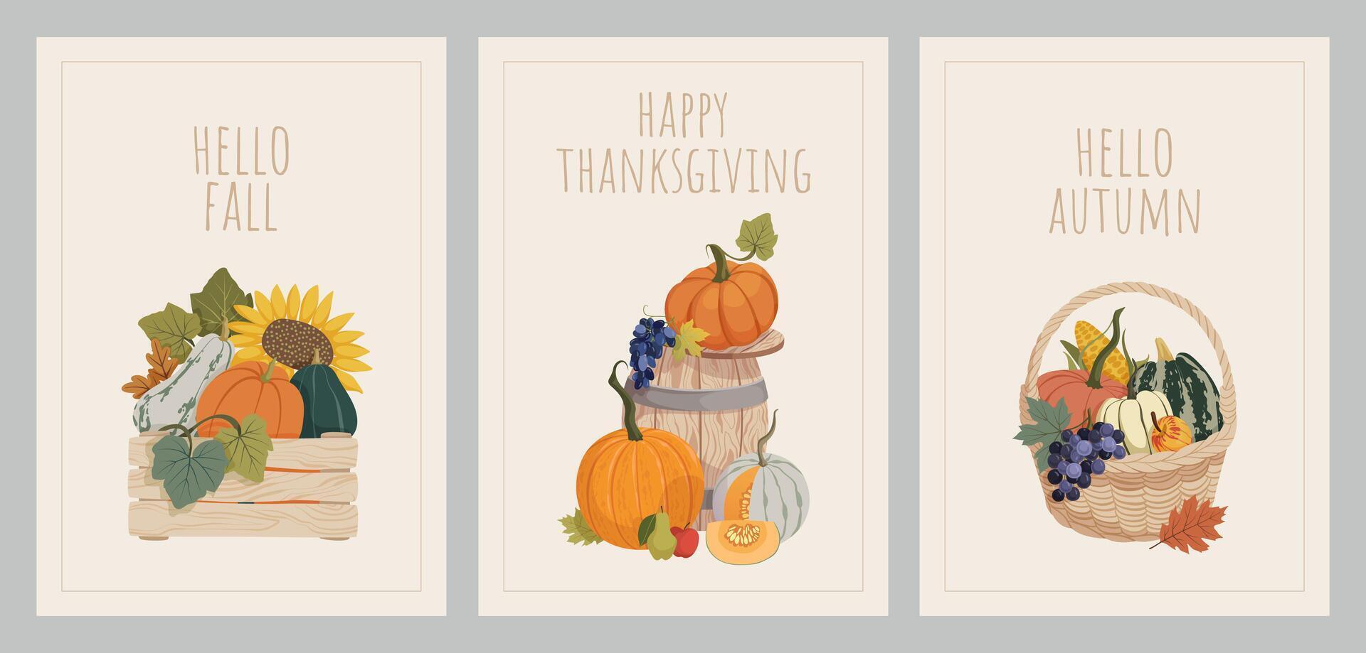 Autumn harvest cards with pumpkins, fruits, and vegetables in farm basket, wooden barrel, crate. Fall and Thanksgiving day arrangements for postcard, invitations, poster, stickers. Flat illustration vector