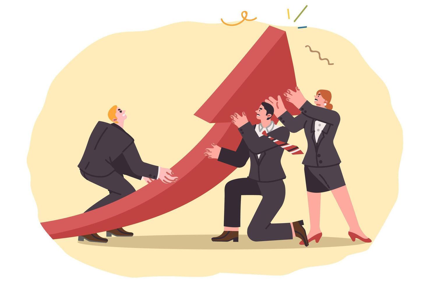 Synergy of business people working together to achieve common goal, and raising graph arrow up vector