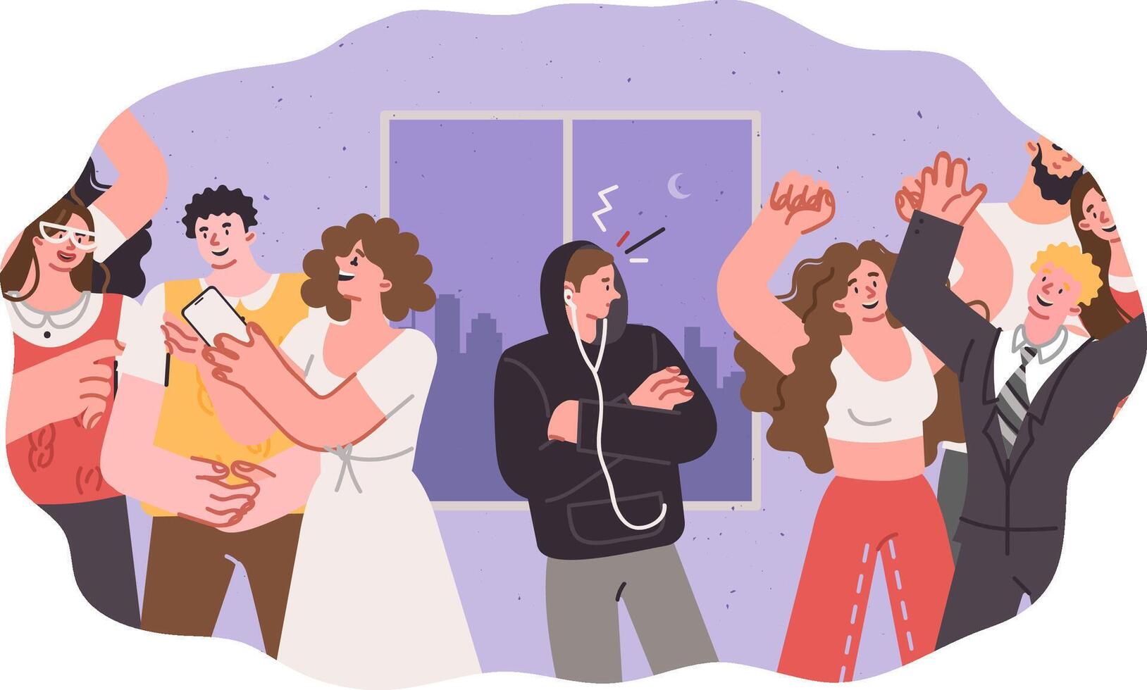 Introvert man stands alone in disco with dancing people and embarrassed to participate in party vector