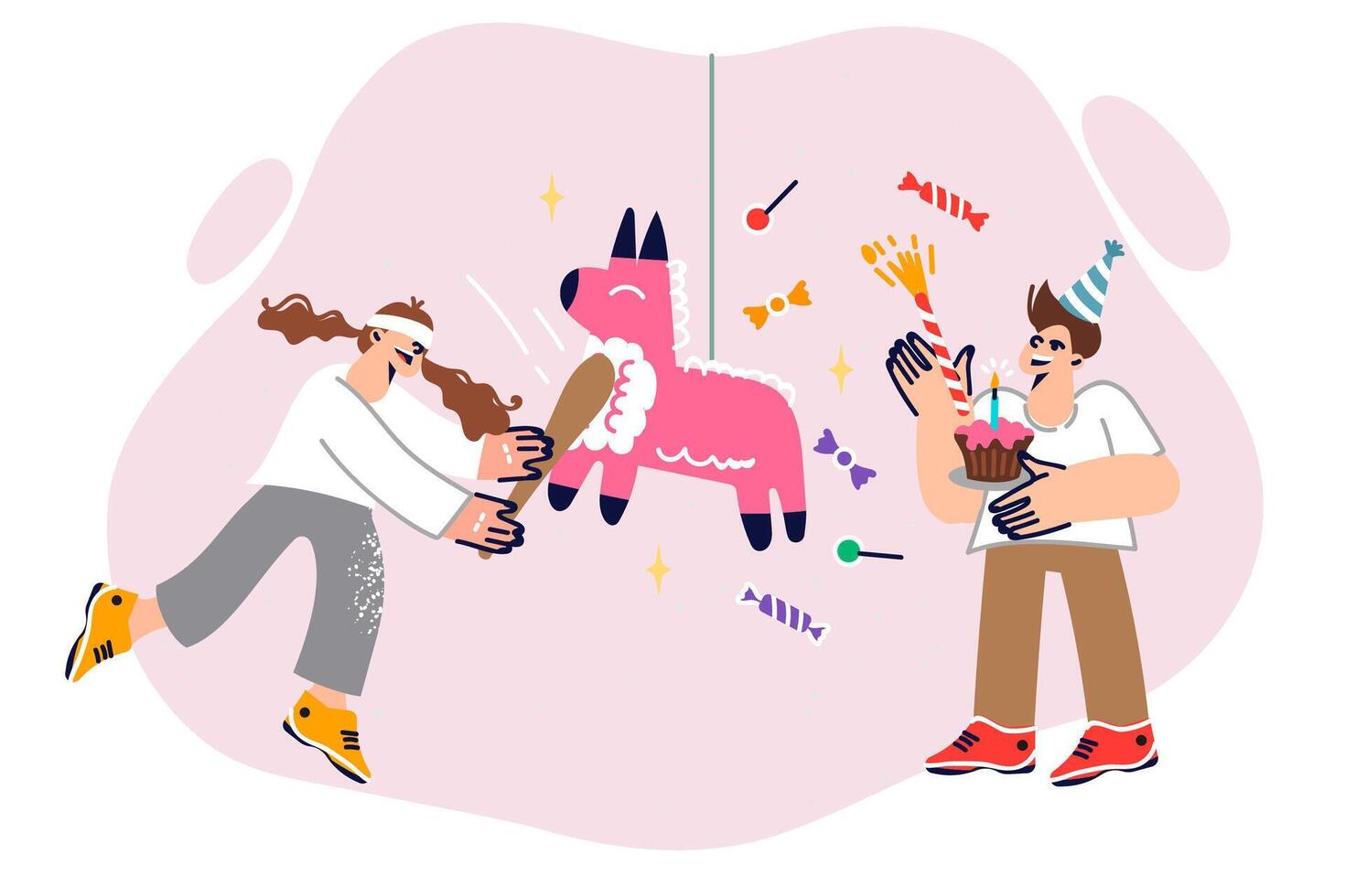 Girl hits pinata with baton during birthday party to get sweets inside hanging pony. vector