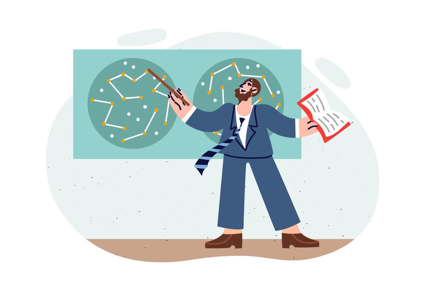 Man astronomer studies star map and points out constellations, giving lecture to university students vector