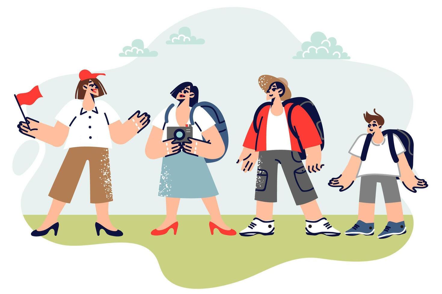Woman guide conducts tour for family, showing sights and telling interesting historical facts vector