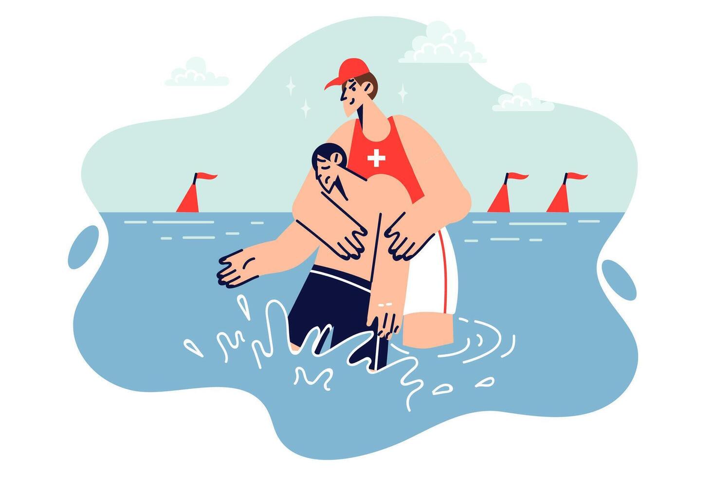 Man rescuer pulls body of drowned man out of water after breaking rules of swimming in sea vector