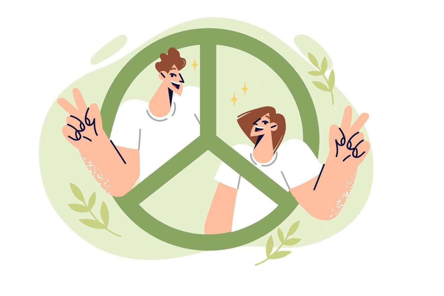 Peace sign with man and woman showing v gesture calling for end of war and friendship between people vector