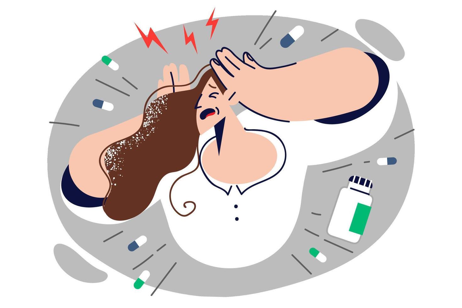 Woman addicted to antidepressants clutches head, standing among scattered pills. vector