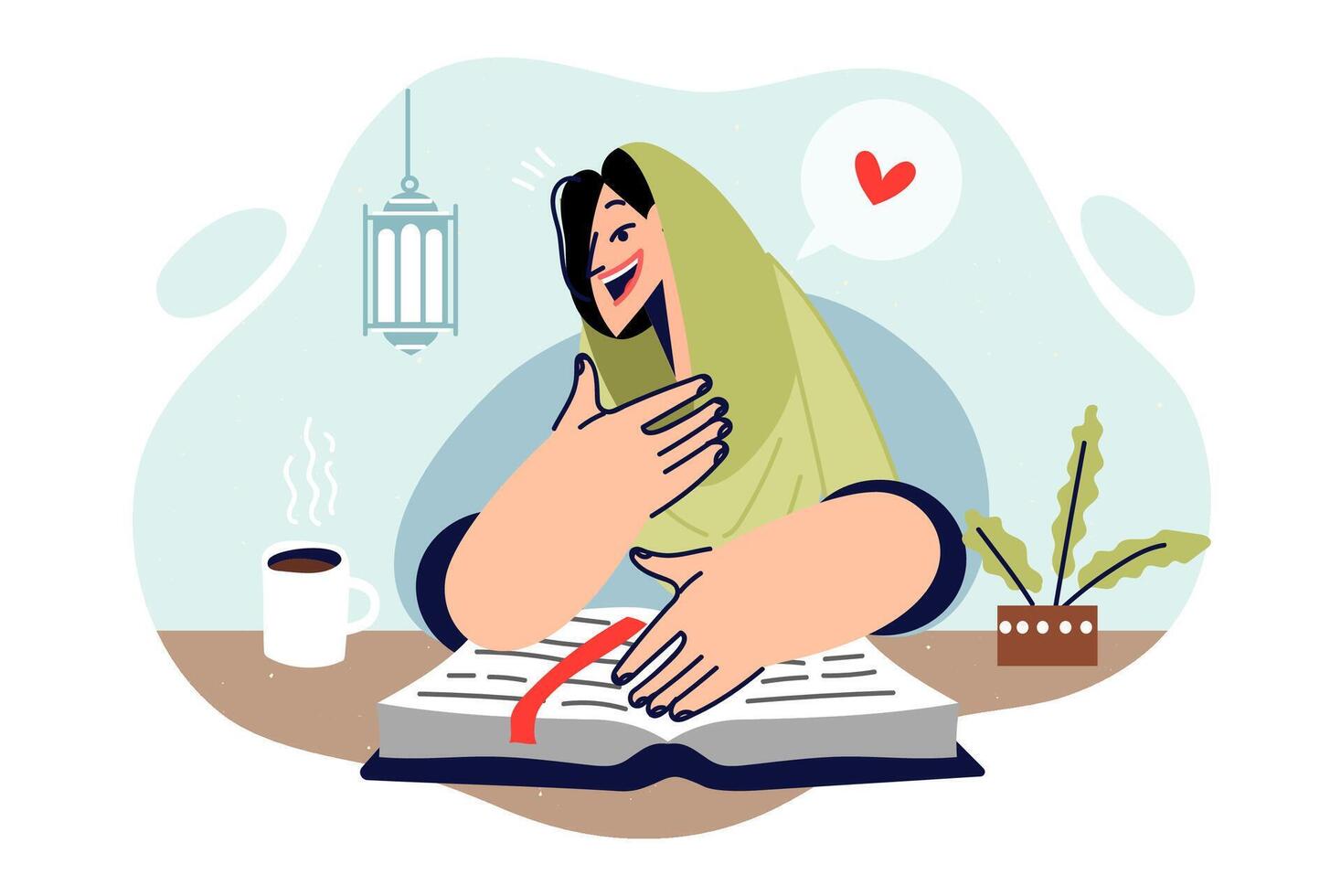 Islamic woman reads koran, sitting at table and studying religious muslim book, dressed in hijab vector