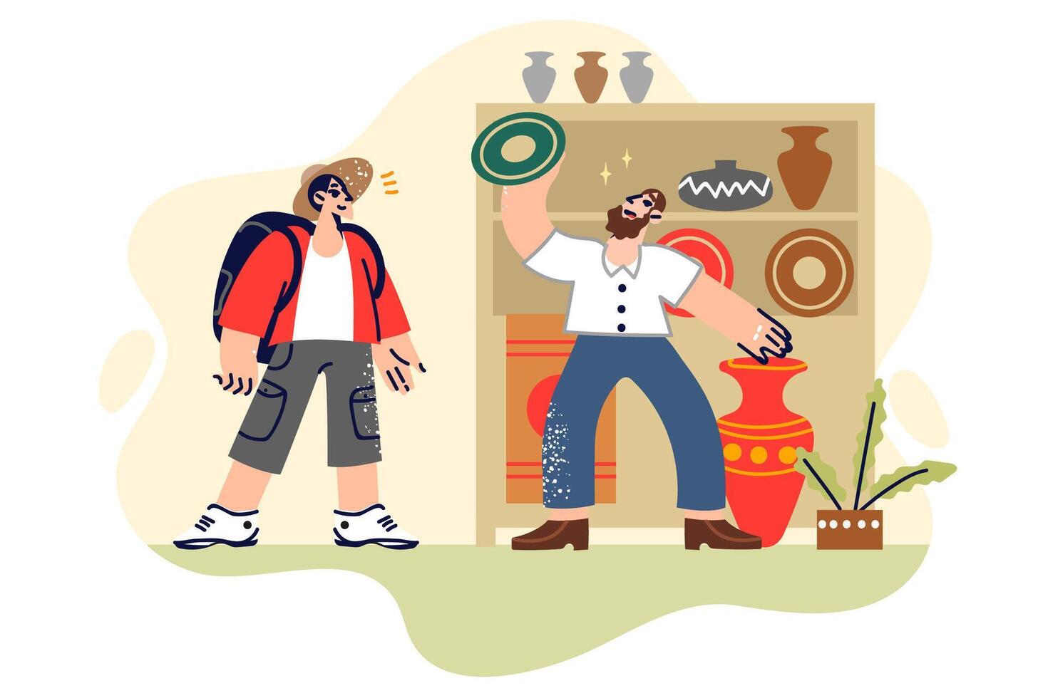 Man tourist visits souvenir shop with handmade dishes decorated with traditional national patterns vector