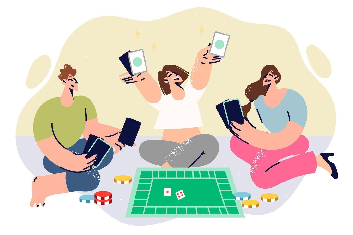 People play board game monopoly, sitting on floor and laughing, enjoying time together with friends vector
