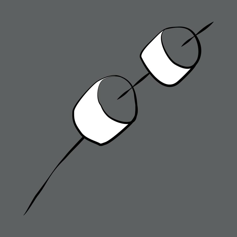 Marshmallow on stick Sketch doodle illustration. Preparation of souffle. Food for campfire and hike. Sweet Dessert Linear Illustration. Outline zephyr Design element for Card, Coloring Book. vector