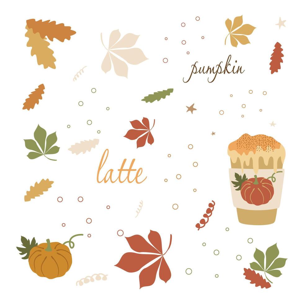Set of pumpkin spice seasonal flavored products, coffee, latte. Autumn drink isolated on white background. Collection of Elements and Botany Illustration for Design Art, Invitation, Card, Decor vector