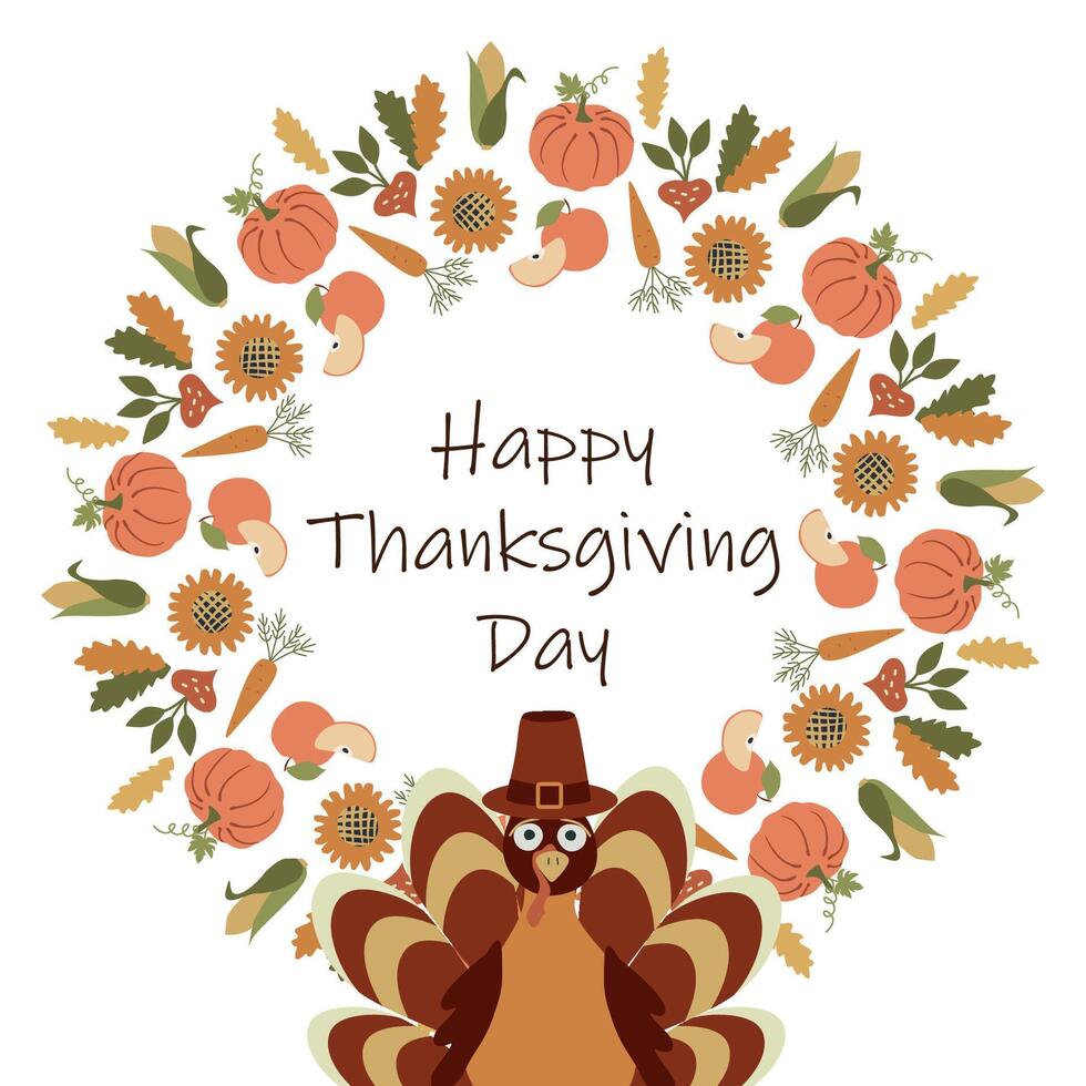 Happy Thanksgiving Day cute Background with Turkey. Give thanks Flat illustration. Round Frame from Leaves pumpkins. Type lettering. Template for card banner invitation design. illustration vector