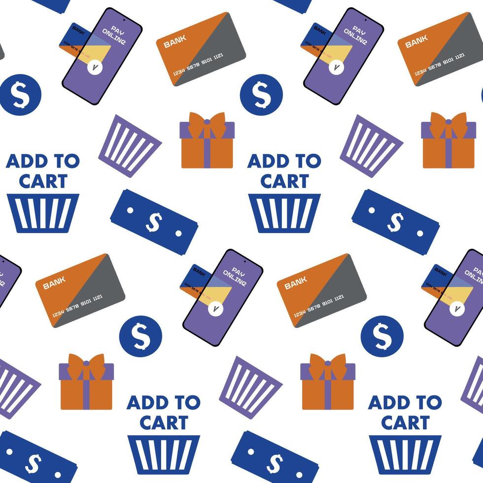 Seamless pattern with shopping Elements in Cartoon style. background with Credit Card, Phone Payment, Shopping Cart. Use for online shop, mobile app, online store, buying on internet banner vector