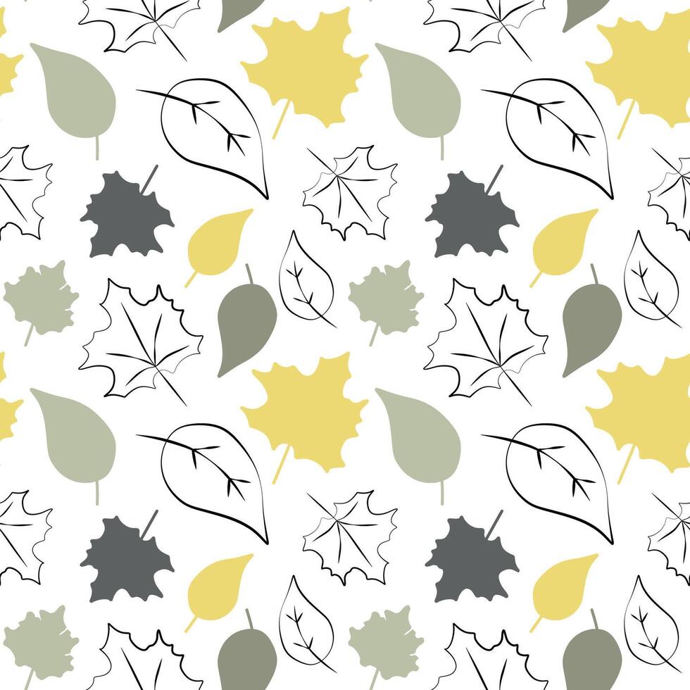 Seamless pattern with autumn fall leaves in Orange, grey, Yellow. Perfect for wallpaper, gift paper, pattern fills, web page background, greeting cards, textile. Flat Cartoon Seasonal illustration vector