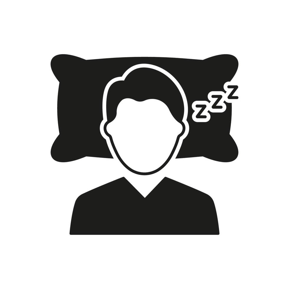 Man Sleeping on Pillow with ZZZ Symbol. Sleep Hygiene, Health, Rest and Bedtime Routine Glyph Pictogram. Isolated Illustration vector