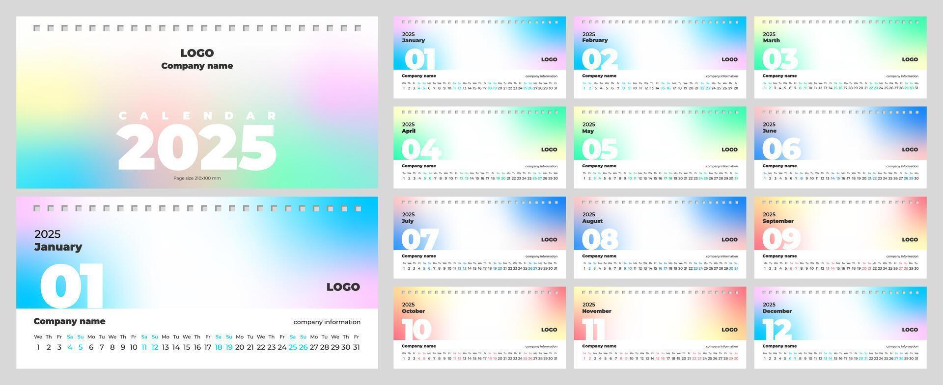 Desktop calendar template for 2025. Horizontal, page size 210x100 mm, English, background gradient. vector