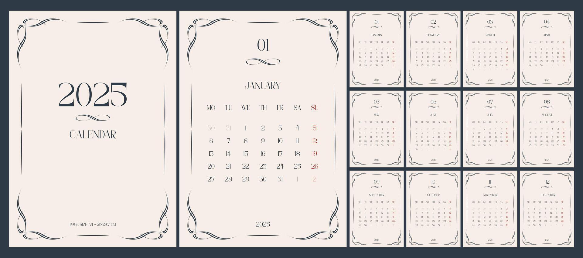 Calendar 2025. Retro, vintage, A4, English. Set of 12 pages and cover. vector