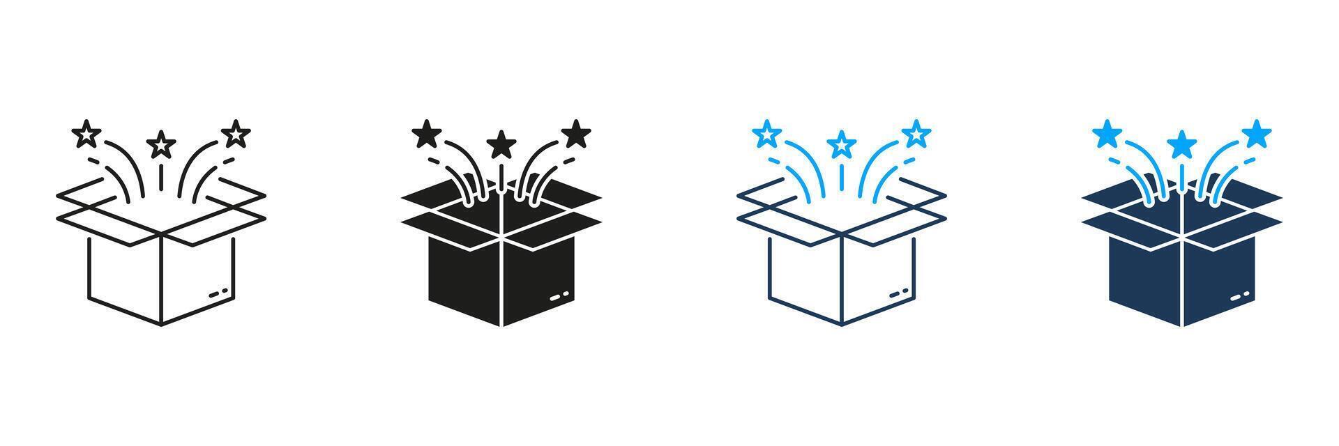 Gift Box Surprise Line and Silhouette Icon Set. Open Birthday Present Pictogram. Christmas Magic Package with Confetti Symbol. Celebration Prize. Editable Stroke. Isolated Illustration vector
