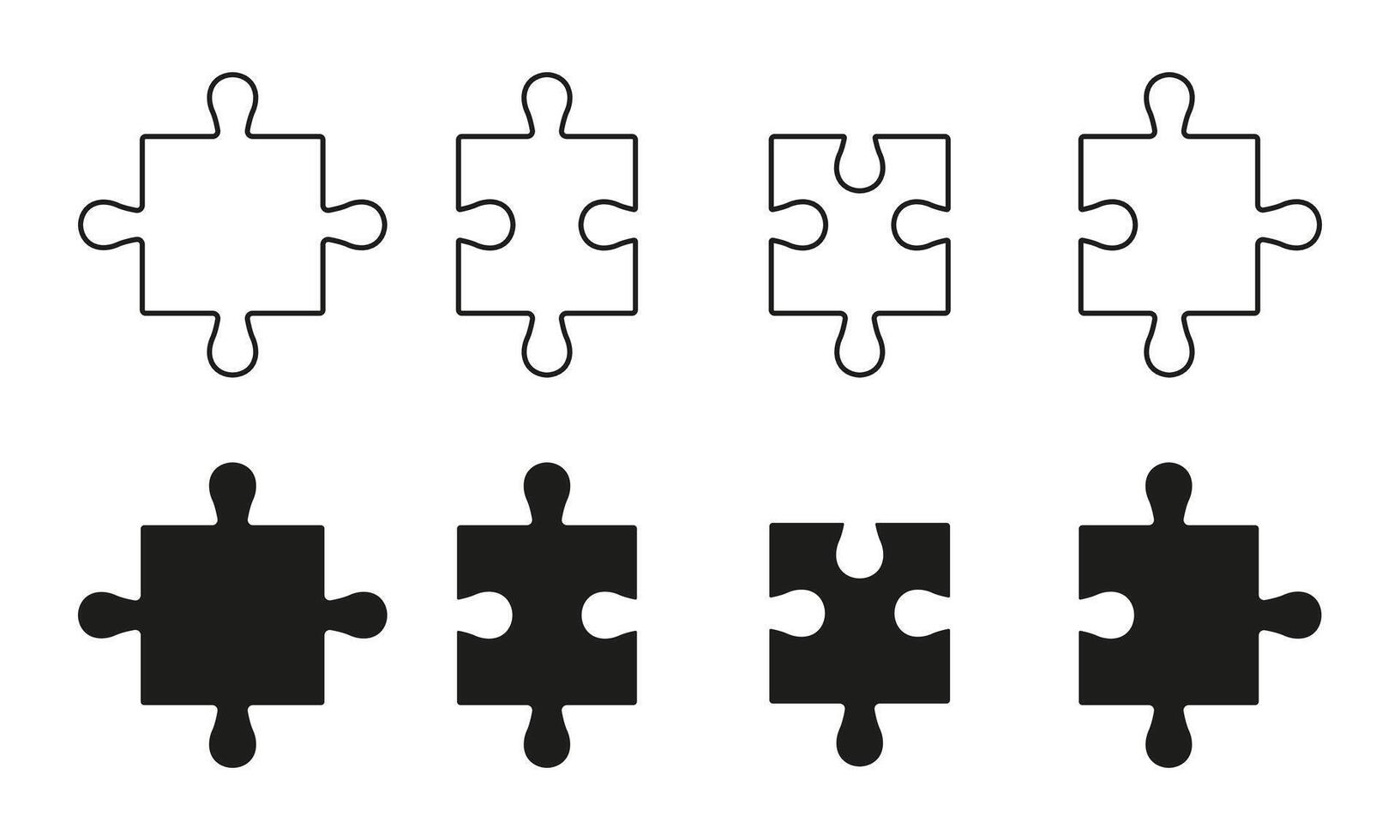 Puzzle Pieces Fit Line and Silhouette Icon Set. Teamwork, Idea, Logic Game, Combination Solution Concept. Editable Stroke. Isolated Illustration vector