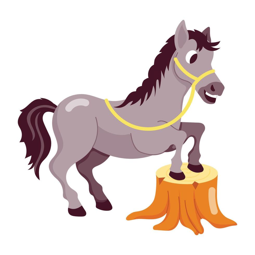 Cartoon style sticker of forest horse standing on wood vector