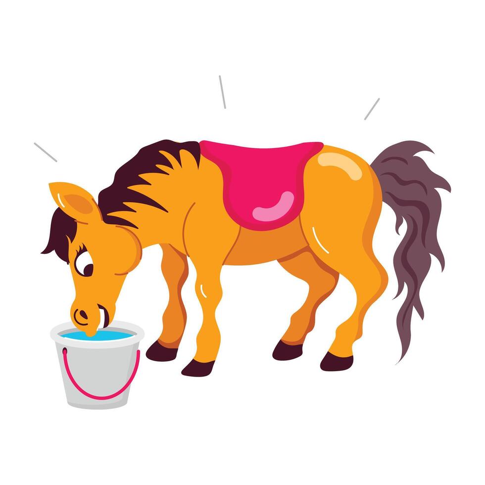 Comic style sticker of horse drinking water from pail vector