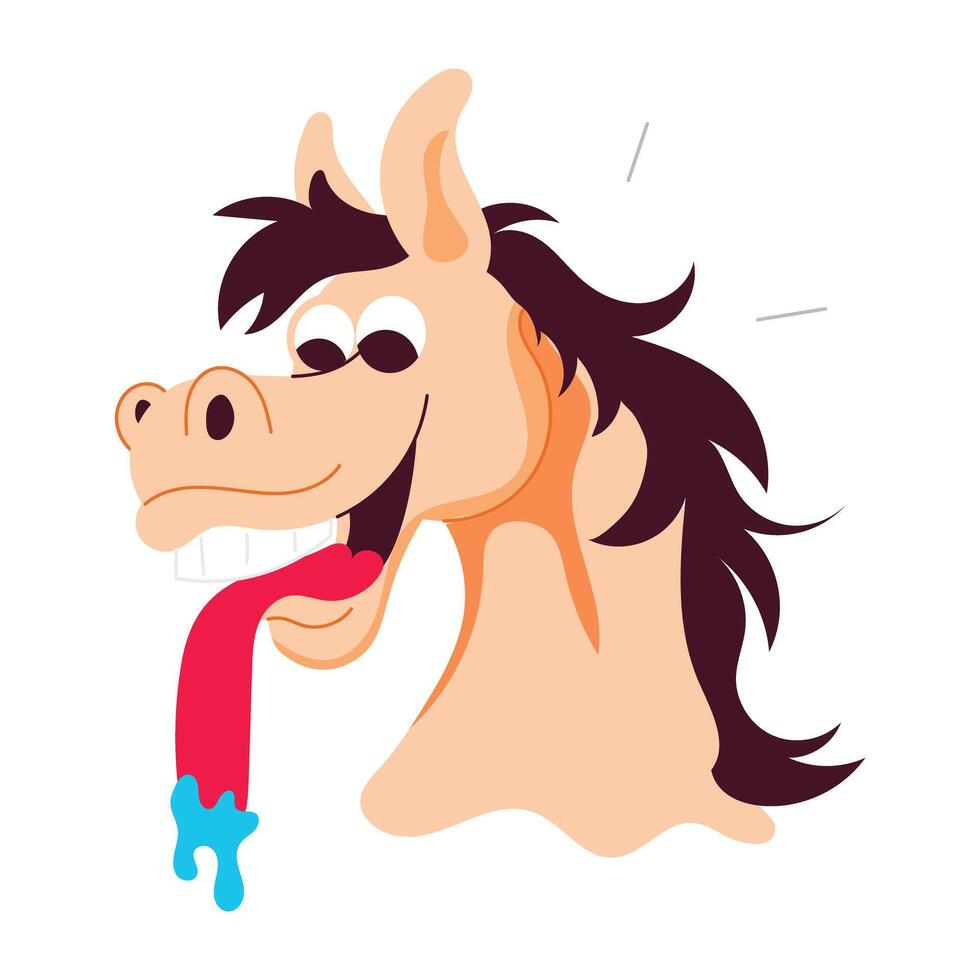 Hungry horse with drooling mouth, flat sticker vector