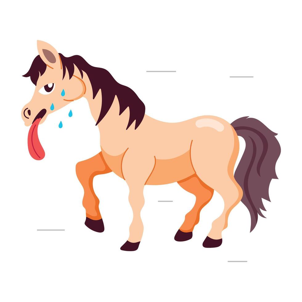 Basic Tired horse walking with tongue out, flat style sticker vector