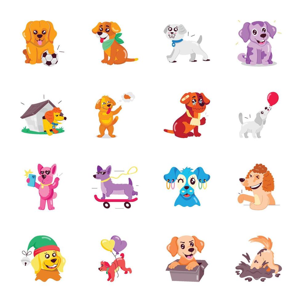 Bundle of 16 Cute Puppy Flat Stickers vector