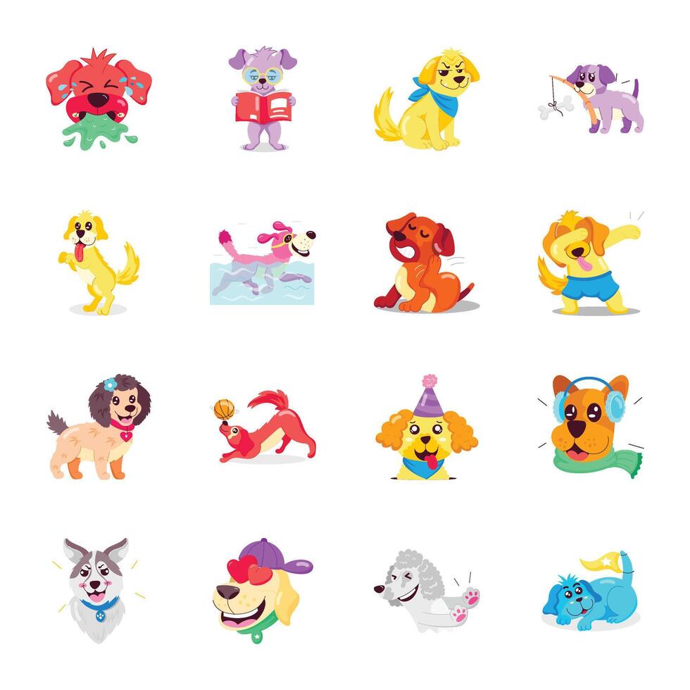 Pack of Dog Pet Flat Stickers vector