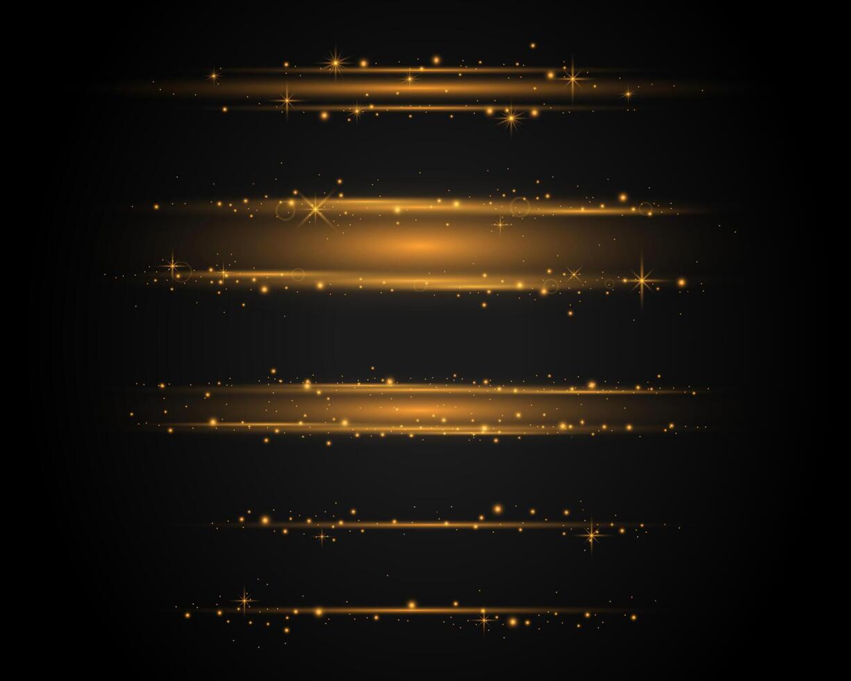 Gold horizontal glow lines, light effect set. Glowing transparent laser stripes. Lens flare lines light effect vector