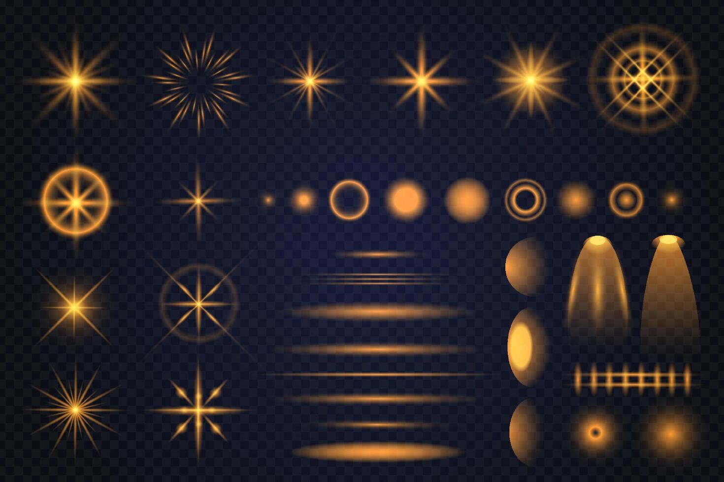 Golden transparent light effect collection. Star, flare, sun, sparkles, spotlight and neon laser glow lines vector