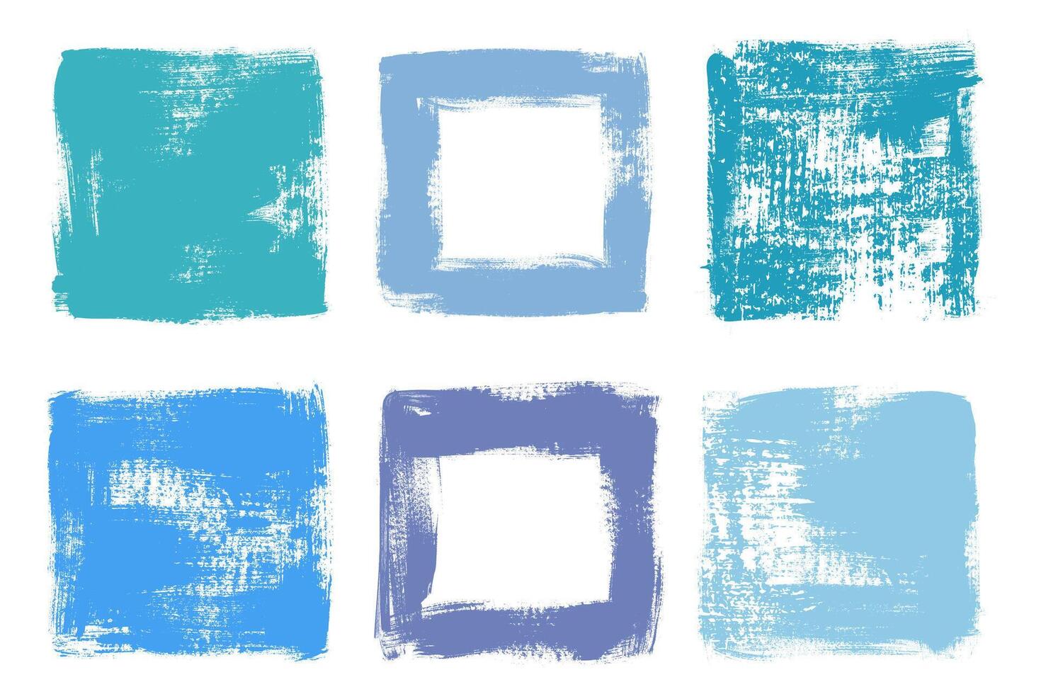 Grunge blue texture square box frames set. Grungy rough painted rectangular shapes. vector