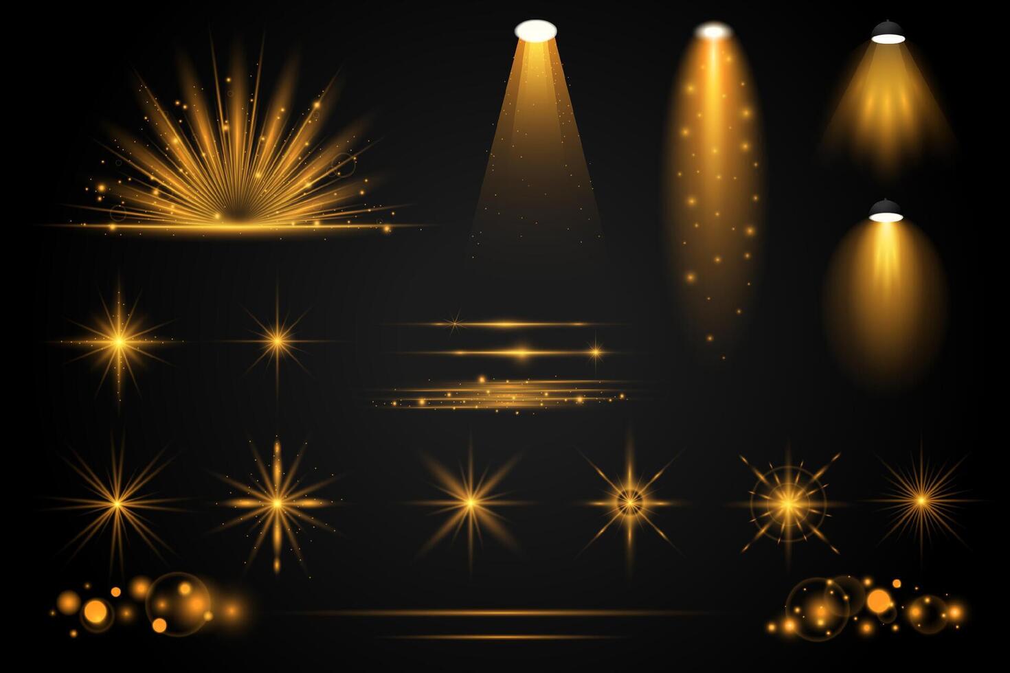 Golden transparent light effect collection. Star, flare, sun, sparkles, spotlight, dust and neon laser glow lines vector