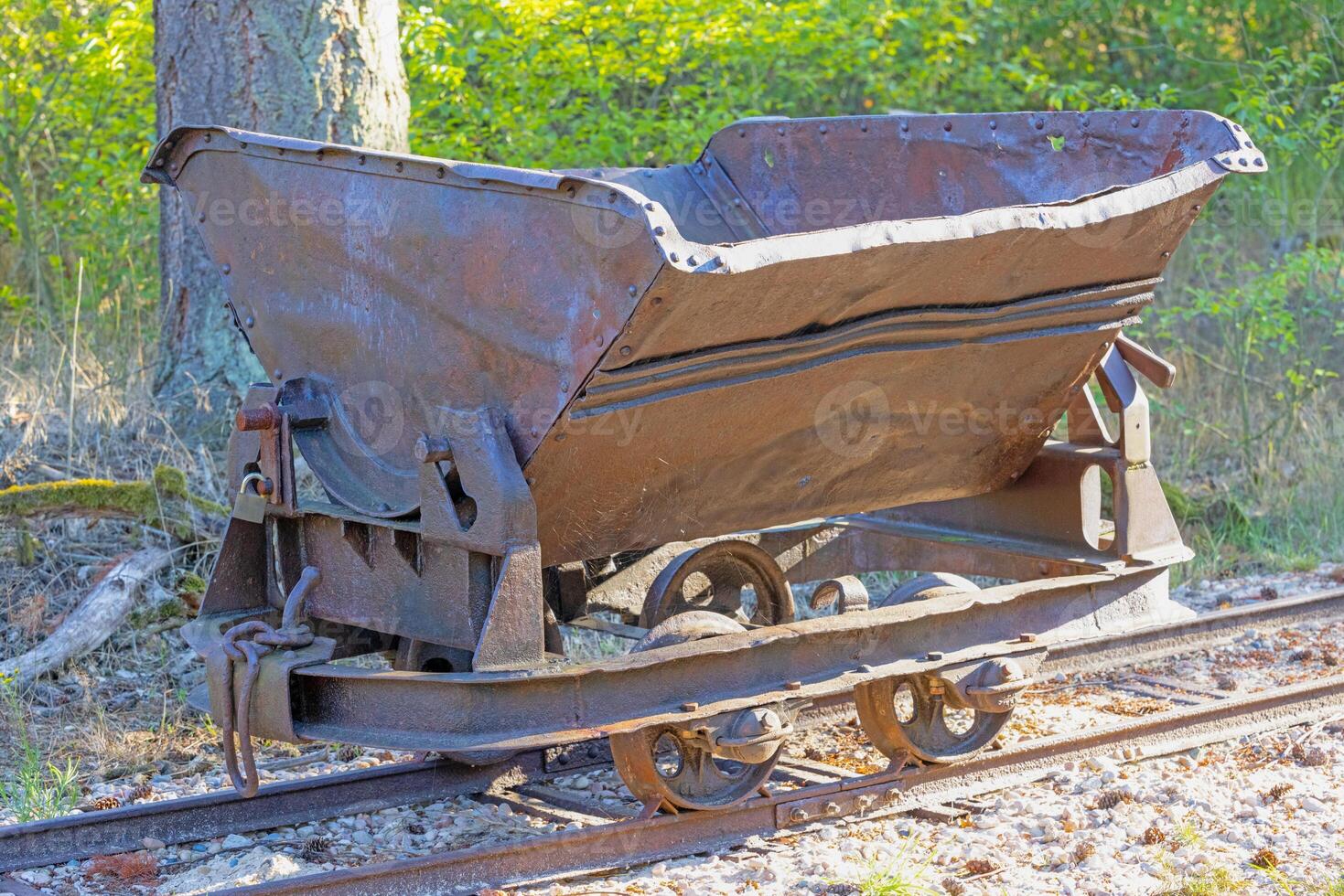 Picture of an old, dented and rusty wagon on an old track in the forest photo