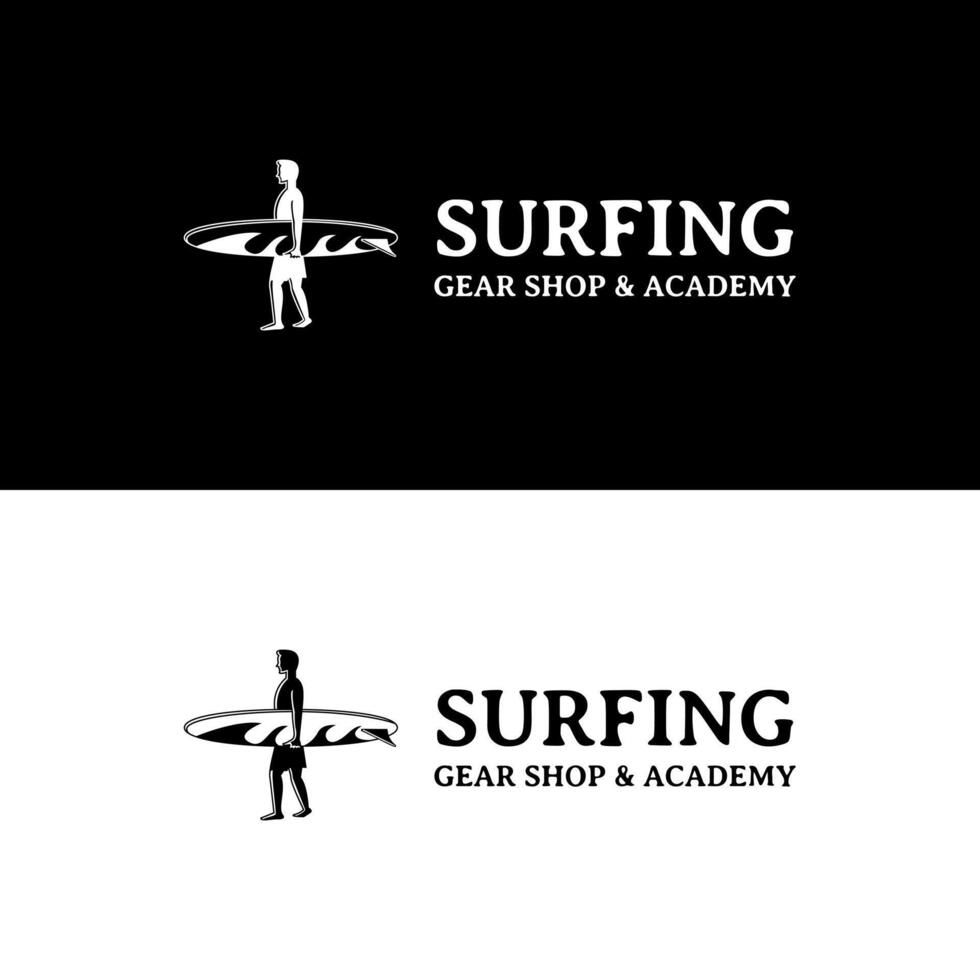 A surfer holding surfboard for surf gear shop and school academy logo design vector