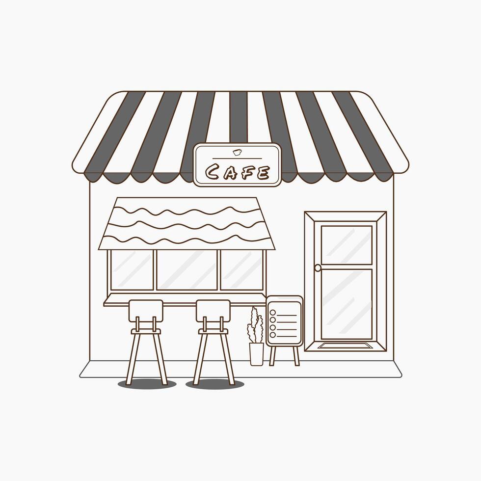 a coffee shop illustration outline only, coloring page vector