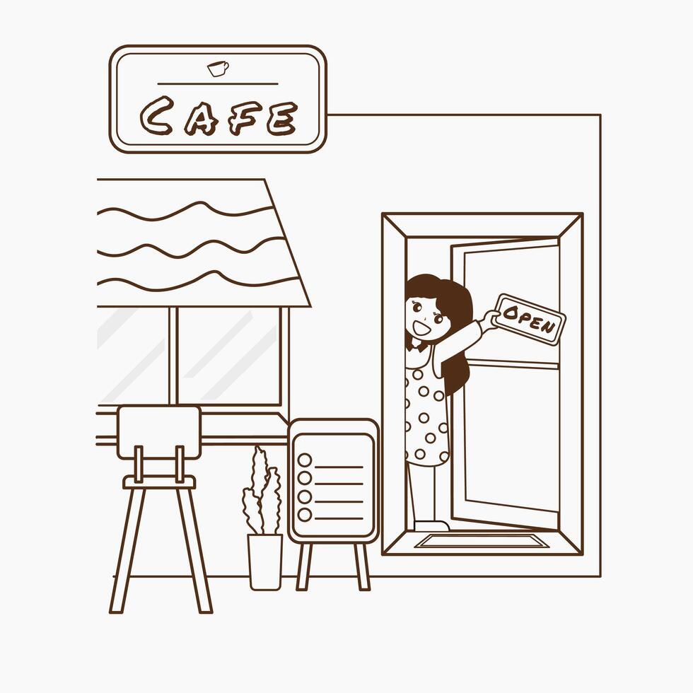 a woman is standing in front of a cafe outline illustration vector