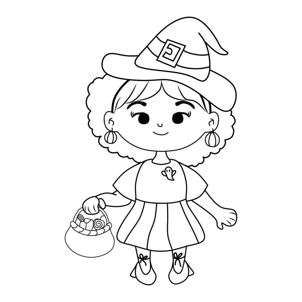 a coloring page with a girl dressed as a witch holding a basket of candy vector