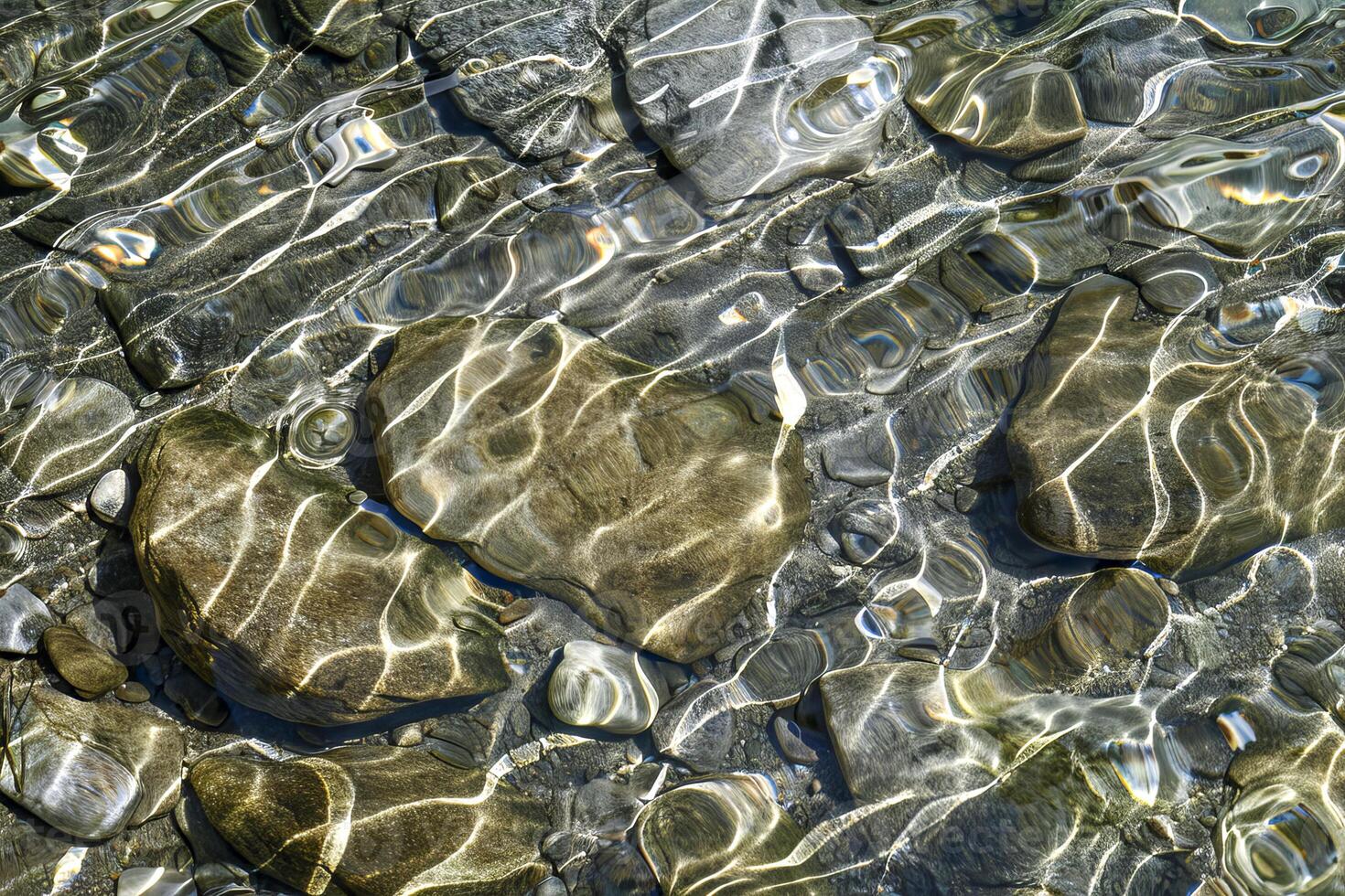 Sunlight reflecting on rippling water and stones photo