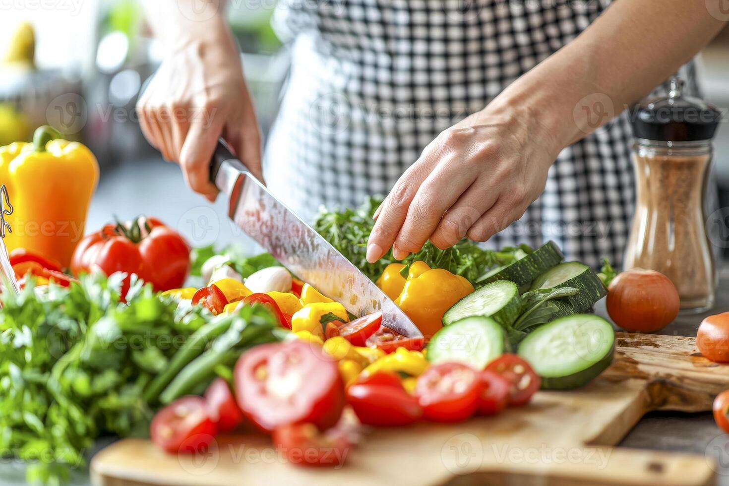Person chopping fresh vegetables in the kitchen photo