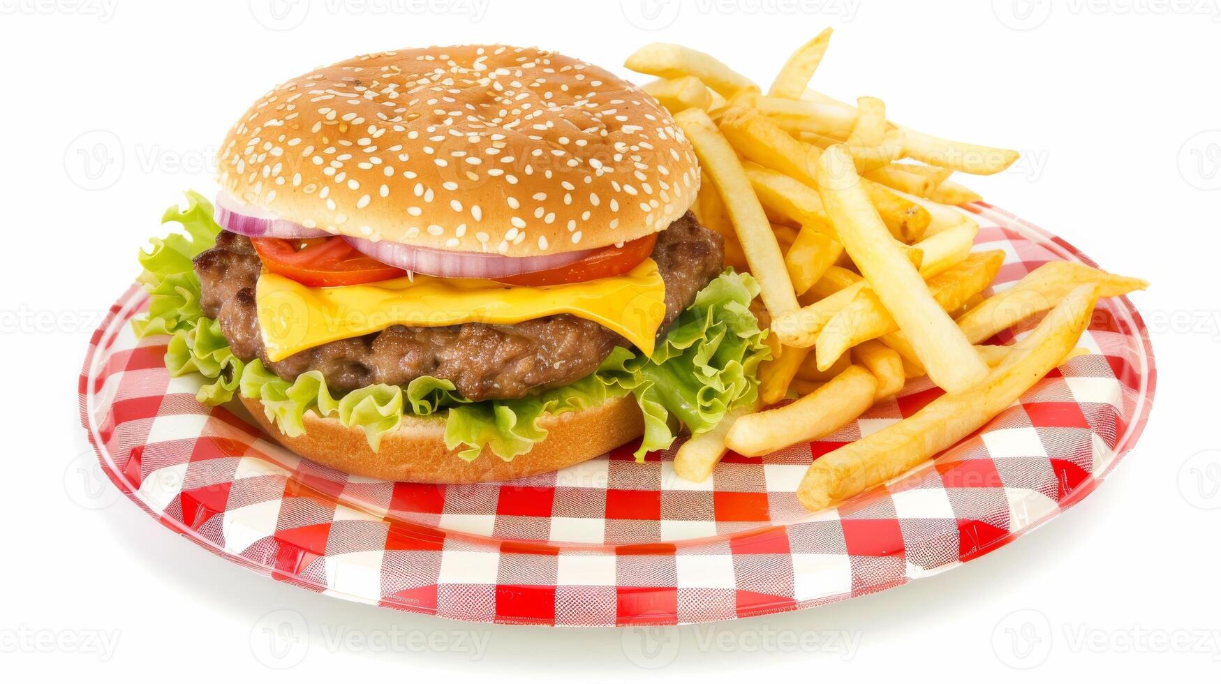 Cheeseburger with Fries on Checkered Plate photo