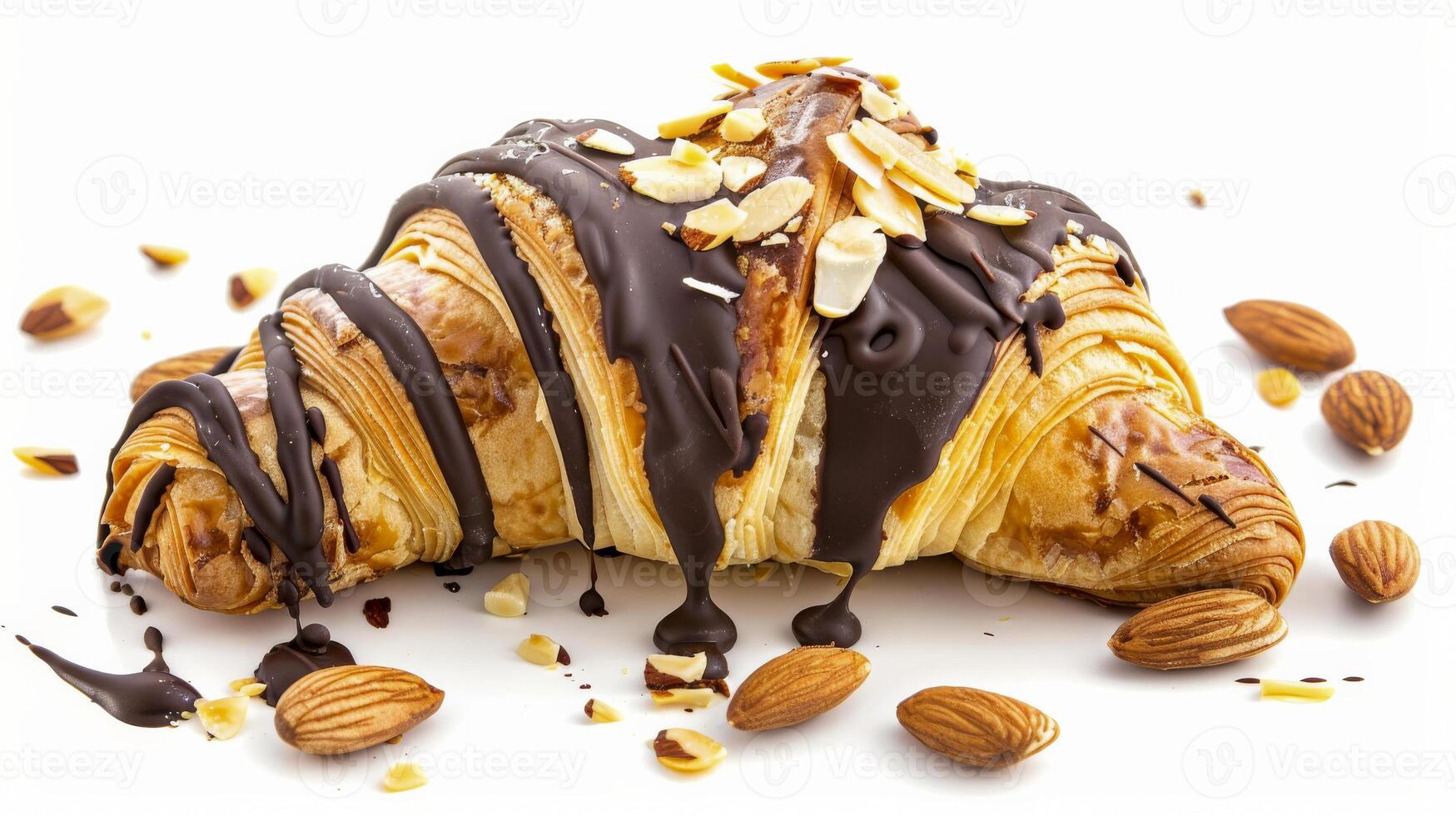 Chocolate-drizzled croissant with almonds on white background photo
