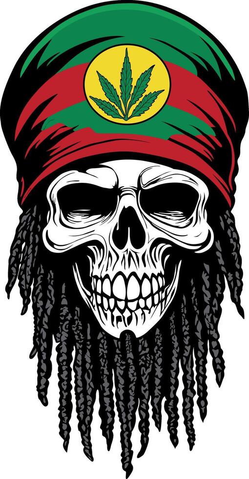 Illustration of a rasta skull with braids and a hat with a marijuana leaf. vector